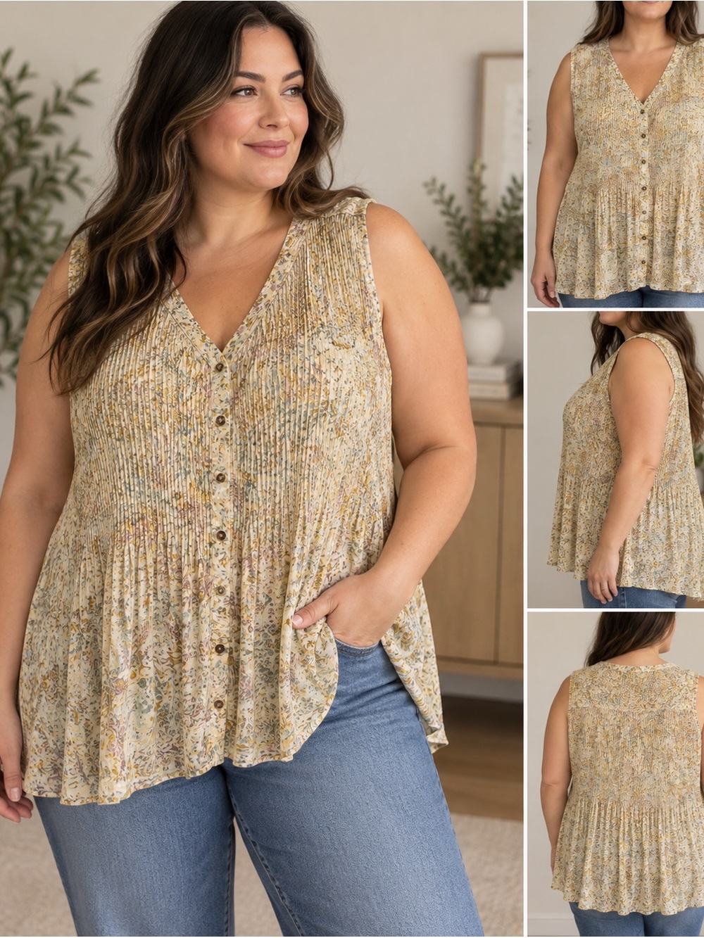 NWT Penningtons 3XL Pleated Floral Button Front Flowy Blouse